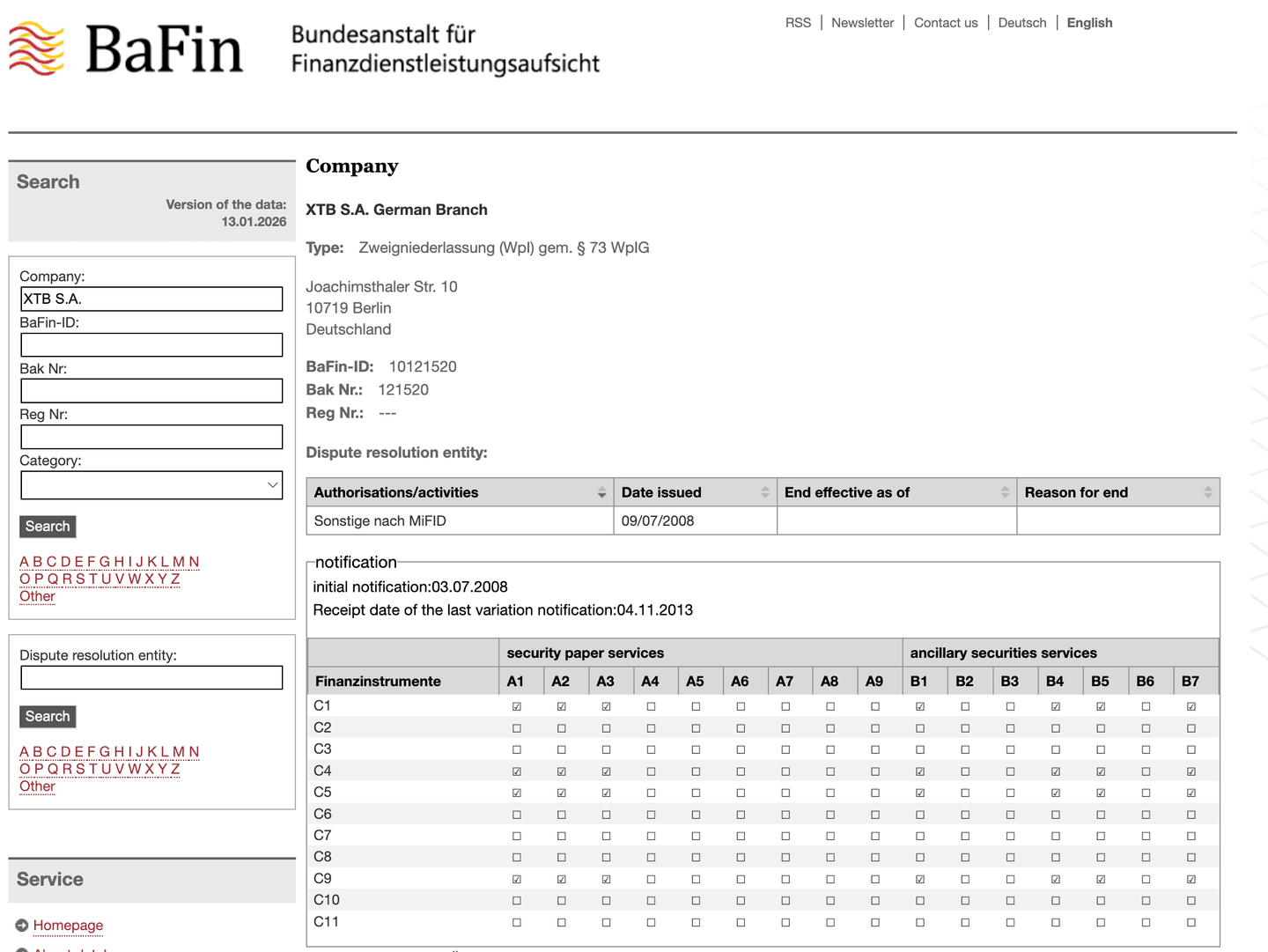 Screenshot der BaFin-Datenbank mit dem Eintrag von XTB S.A. German Branch
