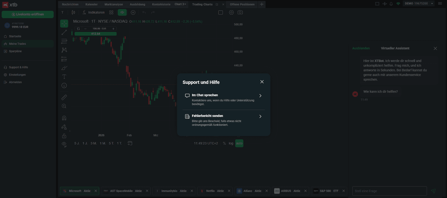 XTB Live-Chat Fenster in xStation 5 mit deutschsprachigem Support